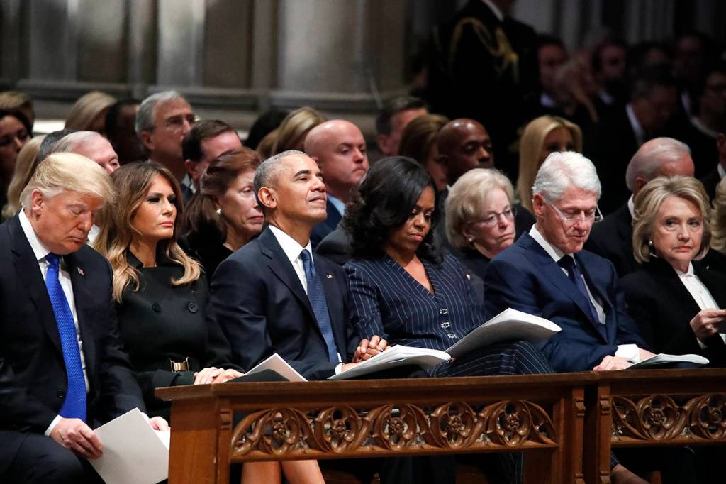 From left, President Donald Trump, first lady Melania Trump, former President Barack Obama, Michelle Obama, former President Bill Clinton and former Secretary of State Hillary Clinton listen during a State Funeral at the National Cathedral on Wednesday in Washington for former President George H.W. Bush. (AP Photo/Alex Brandon, Pool)