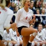 Stanwoods Devon Martinka celebrates a point during a game Oct. 17, 2017, against Arlington at Stanwood High School. (Ian Terry / The Herald)