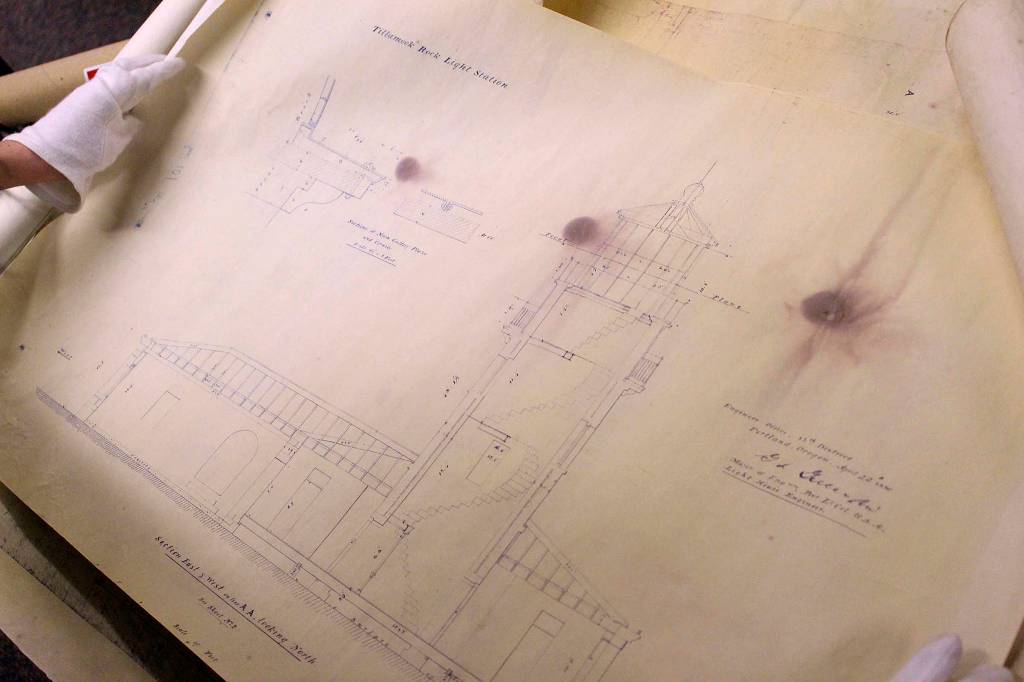 Brenna Visser / The Daily Astorian                                The blueprints of the Tillamook Rock Lighthouse could have been the prints used during construction in 1880.