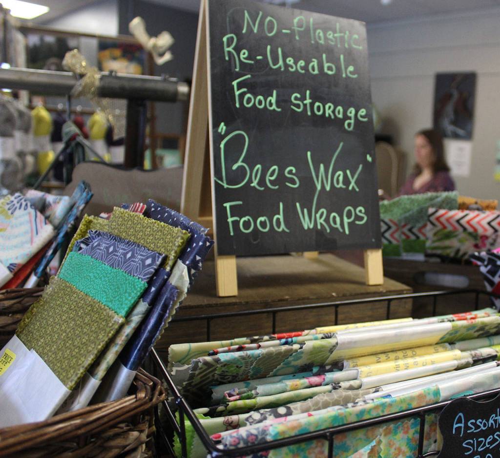 Food storage wraps made of fabric dipped in beeswax are one of the biggest sellers at Whidbey Wonders. (Patricia Guthrie / South Whidbey Record)