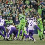 Seattles Bobby Wagner (54) leaps to block a field goal attempt by Minnesotas Dan Bailey during the fourth quarter of the Seahawks 21-7 win over the Vikings on Monday at CenturyLink Field in Seattle. (AP Photo/Stephen Brashear)