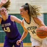 Jacksons Alexa Martin dribbles the ball toward the hoop during the game against Lake Stevens on Tuesday, Dec. 11, 2018 in Everett, Wa. (Olivia Vanni / The Herald)