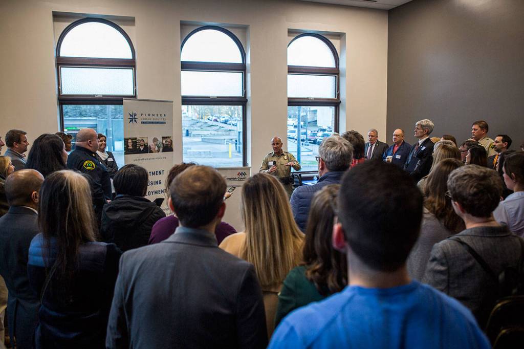 A large crowd attended the Carnegie Building open house on Thursday in Everett. (Olivia Vanni / The Herald)