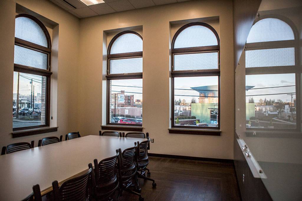 A view of the Angel of the Winds Arena from a Carnegie Building conference room. (Olivia Vanni / The Herald)