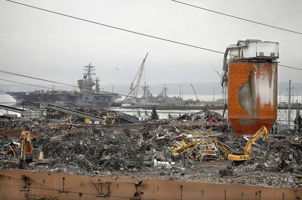 This January 2013 photo shows the massive demolition of the Kimberly-Clark Pulp and Paper Mill along the Everett waterfront. (Dan Bates / Herald file)
