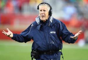 Seattle Seahawks head coach Pete Carroll gestures during the second half of Sundays 26-23 overtime loss to the San Francisco 49ers in Santa Clara, California. (AP Photo/Ben Margot)