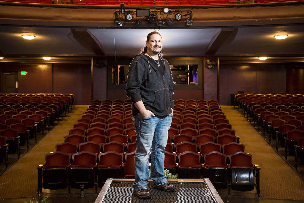 Peter Orullian, of Lynnwood, was set to premiere <a href="https://www.heraldnet.com/life/the-bell-ringer-combines-holiday-story-with-a-night-of-music/" target="_blank">The Bell Ringer</a>, a Christmas story with original music story performed by his band Symphony North, on Dec. 15 at The Everett Historic Theatre. (Andy Bronson / The Herald)