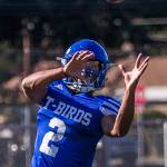 Shorewood receiver Jaro Rouse catches a pass during practice Sept. 19, at Shorewood High School in Shoreline. (Olivia Vanni / The Herald)