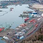 The Port of Everett plans to modernize the south terminal wharf to allow for larger ships and heavier cargo. This artists rendering shows the project, including two new 100-foot cranes to the far left. (Port of Everett)