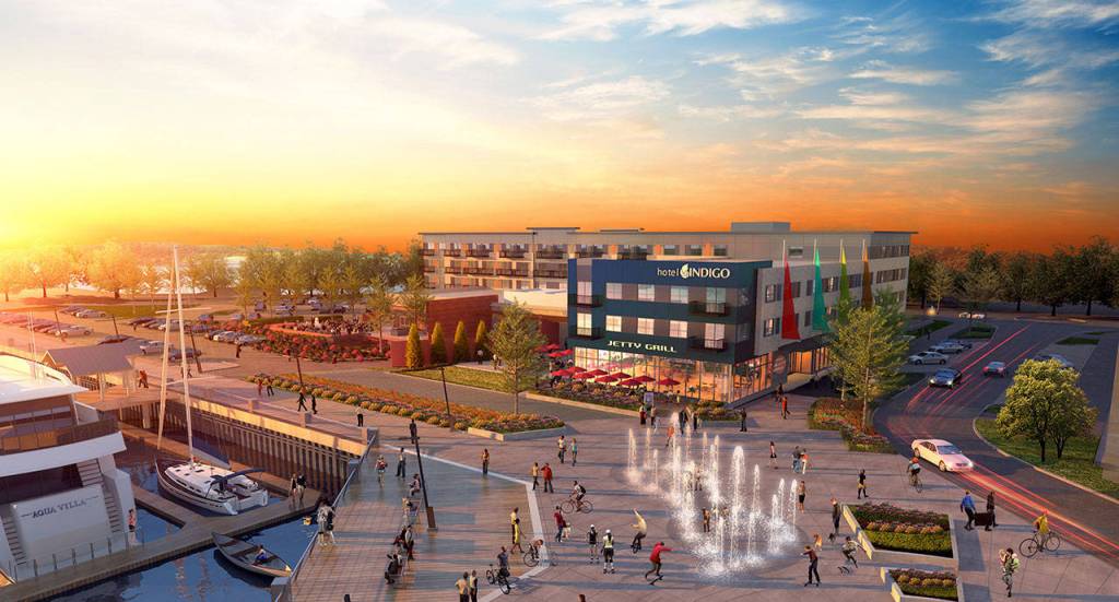 This rendering shows Hotel Indigo at the Fishermans Harbor District in Everett. (Hotel Indigo)