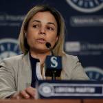 In this Jan. 25, 2018, photo, Lorena Martin, then the Seattle Mariners director of high performance, speaks during the teams annual media briefing before baseball spring training. Martin has filed a wrongful-termination lawsuit alleging discriminatory treatment. The Mariners have denied the allegations. (AP Photo/Ted S. Warren)
