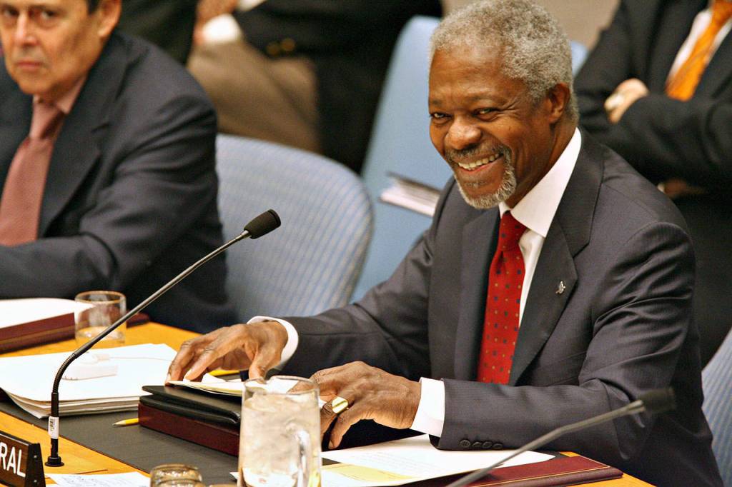 Outgoing United Nations Secretary General Kofi Annan speaks during a tribute to his service during a UN Security Council Meeting on Dec. 22, 2006 in New York. (Stephen Hilger/Bloomberg, file)