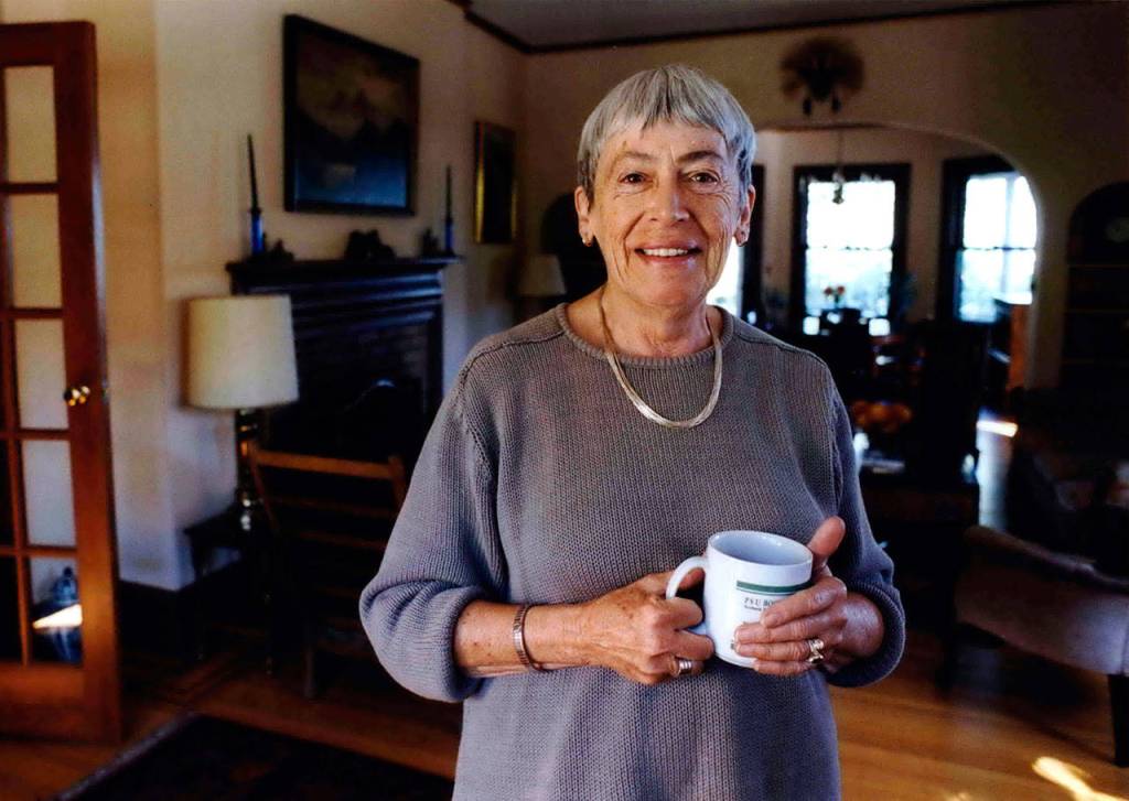 Author Ursula Le Guin is seen in a Sept. 9, 2001 photo at her home in Portland, Oregon. Le Guin, the award-winning science fiction and fantasy writer who explored feminist themes and was best known for her Earthsea books, died Jan. 22, 2018. She was 88. (Benjamin Brink/The Oregonian via AP, file)