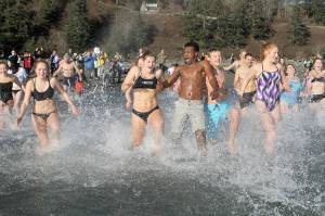 Evan Thompson / The Record                                Participants react to the cold waters at the 2017 Polar Bear Plunge at Double Bluff Beach Park.