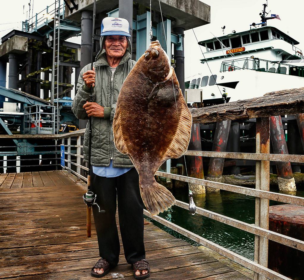 A Vietnamese man brings up a flounder July 18 on the fishing pier adjacent to the Mukilteo ferry dock. (Dan Bates / The Herald)