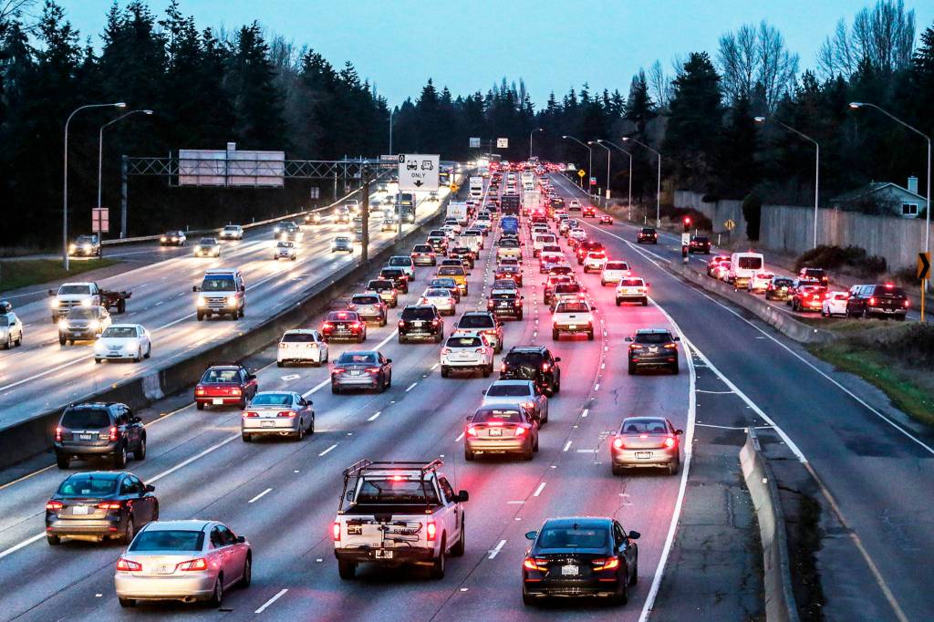 Traffic backing up on I-5 at the 145th Street exit in Seattle is part of Michelle Bernaths 18-mile commute to Mukilteo, sometimes taking a hour each way, five days a week. (Kevin Clark / The Herald)