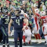 Seattle Michael Dickson (4) walks away after having a punt blocked and recovered for a touchdown by the Arizona Cardinals during the second half of the Seahawks 27-24 win over the Cardinals on Sunday at CenturyLink Field in Seattle. (AP Photo/Ted S. Warren)