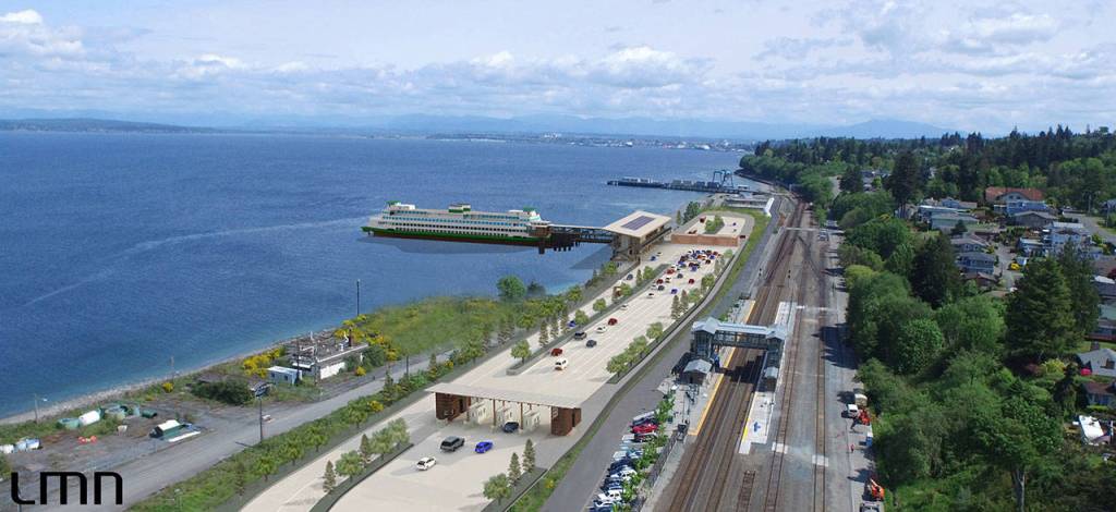 This conceptual rendering shows how the new terminal and holding lanes at the Mukilteo ferry terminal will look. (Washington State Department of Transportation)
