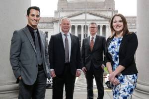 Snohomish Countys newest representatives gather outside the Capitol during a break in orientation activities ahead of Mondays start of the 2019 session. Pictured are Democrat Jared Mead (from left), of Mill Creek, Republican Robert Sutherland, of Granite Falls, Democrat Dave Paul, of Oak Harbor, and Democrat Lauren Davis, of Shoreline. (Andy Bronson / The Herald)