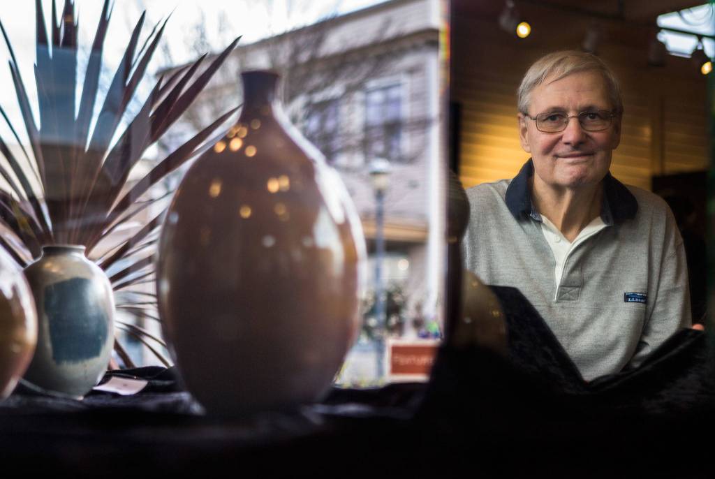 Skip Schwartz at Gallery North with his pottery on Jan. 5 in Edmonds. (Olivia Vanni / The Herald)
