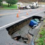 A water main break Thursday on the King-Snohomish county line created sinkholes on 43rd Place W at 244th Street Southwest. (City of Mountlake Terrace)