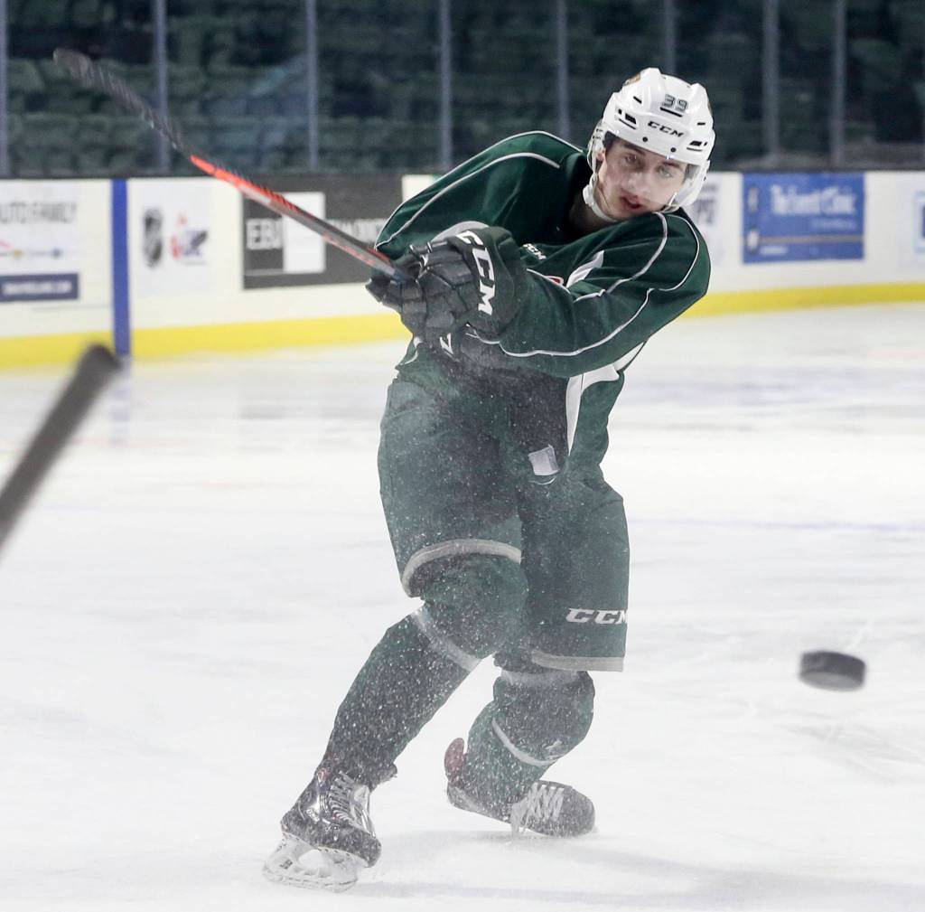 Silvertips rookie Gage Goncalves attempts a shot at goal during practice at Angel of the Winds Arena in Everett on Jan. 16, 2019. (Kevin Clark / The Herald)