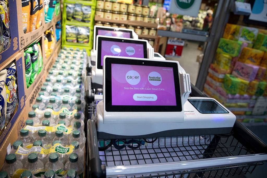 Caper smart-shopping carts at the entrance to a Foodcellar & Co. grocery store in the Queens borough of New York on Jan. 19, 2019. (Michael Nagle / Bloomberg)