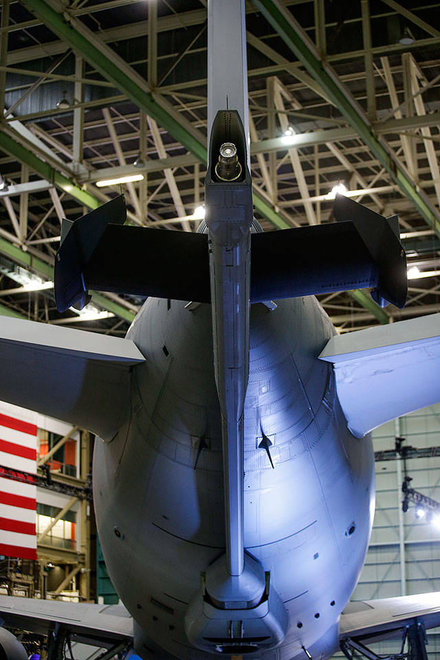 The refueling tail boom on the KC-46 Pegasus at a delivery event at Boeing on Thursday, Jan. 24, 2019 in Everett, Wa. (Andy Bronson / The Herald)                                The tail refueling boom on the KC-46 Pegasus at a delivery event at the Boeing factory at Paine Field on Thursday. (Andy Bronson / The Herald)