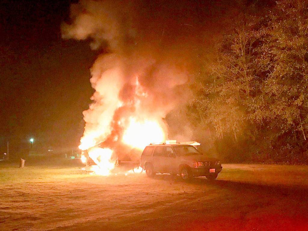 An electrical fire quickly consumed the motor home where Ben Wooldridge lived with his cat, Oreo, at the Island County Fairgrounds in Langley. He survived but his cat didnt. (South Whidbey Fire/EMS)