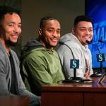New Mariners players JP Crawford (left), Mallex Smith (center) and Justus Sheffield meet the media during the teams annual pre-spring training event on Jan. 24, 2019 in Seattle. (Steve Ringman / The Seattle Times)