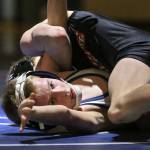 Granite Falls Riley Hoople works to pin Sultans Daniel Krause during a meet on Jan. 24, 2019, at Sultan High School. (Kevin Clark / The Herald)