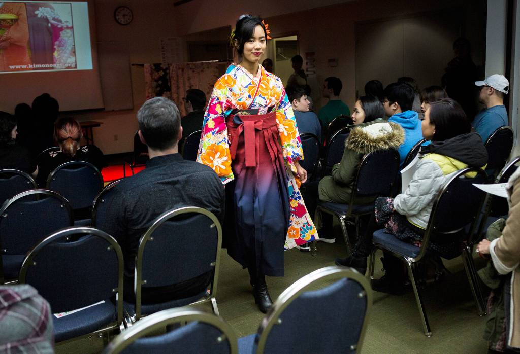 Reika Nemoto, 20, models a Hakama during the <a href="https://www.heraldnet.com/news/in-japan-adulthood-starts-at-20-and-its-a-national-holiday/" target="_blank">Coming of Age Ceremony</a> at Everett Community College on Jan. 17 in Everett. (Olivia Vanni / The Herald)