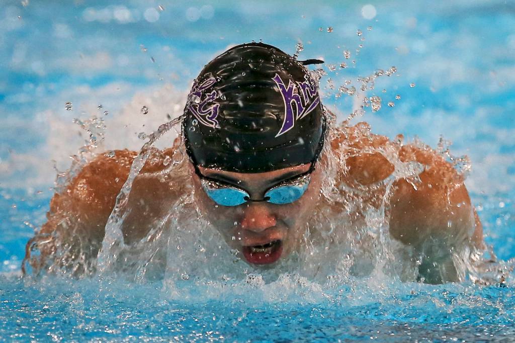 Kamiaks Jonathan Ke competes in the 100-yard butterfly at West Coast Aquatics in Mukilteo on Jan. 24. (Kevin Clark / The Herald)