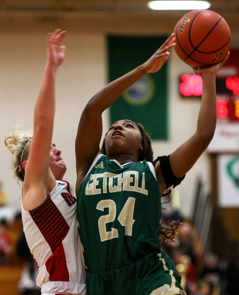 Senior guard Kiarra Green is part of a balanced Marysville Getchell team that thrives on strong defense and a tight-knit bond. (Kevin Clark / The Herald)