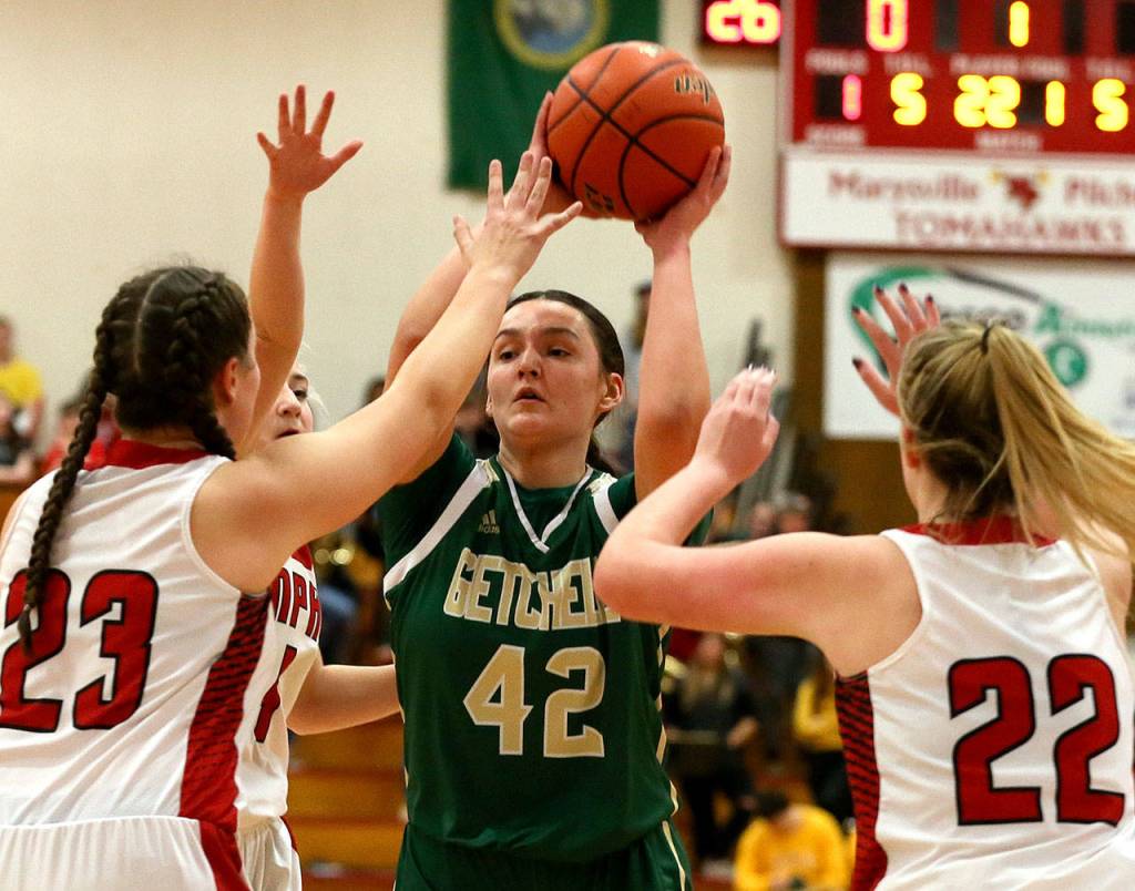 After returning to Marysville Getchell and sitting out last season because of transfer rules, standout senior forward Mikail Montez has starred for the Chargers, averaging team highs of 15 points and 10 rebounds per game. (Kevin Clark / The Herald)