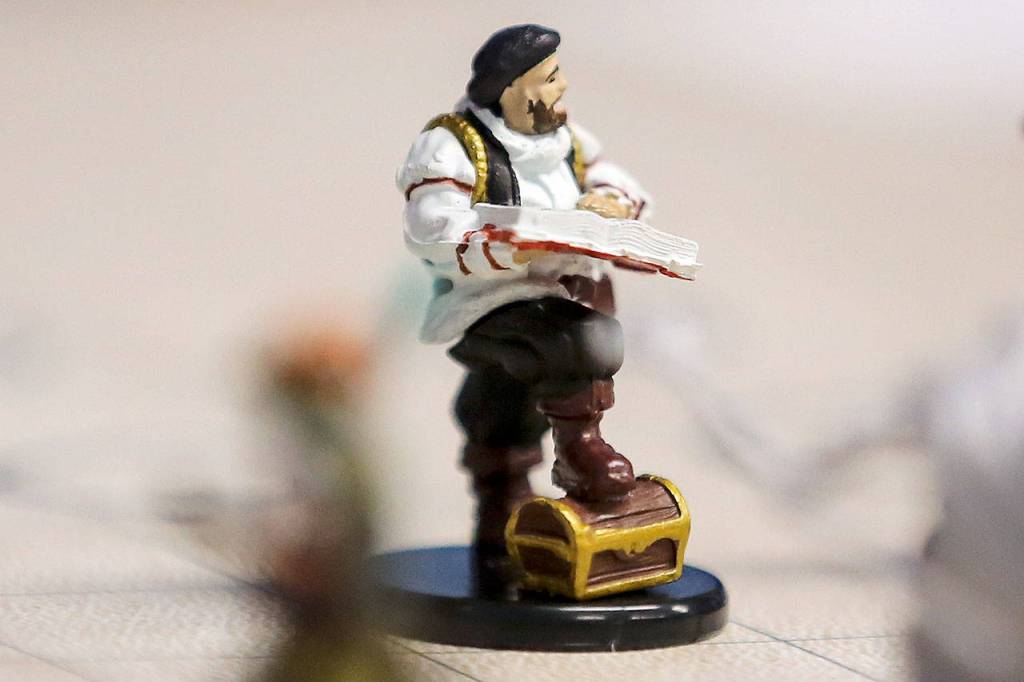 Dungeons and Dragons game pieces at Geek Fortress in Saturday afternoon in Snohomish on January 26, 2019. (Kevin Clark / The Herald)