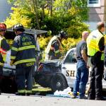 Five people were taken to hospitals after a Snohomish County sheriffs deputy ran a stop sign in Everett, causing a crash, in the 2300 block of Rockefeller Avenue on April 17, 2015. (Herald file)