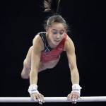 Katelyn Ohashi of USA gymnastics practices on the uneven bars March 12, 2012, during a practice session for the Kelloggs Pacific Rim Gymnastics Championships at Xfinity Arena in Everett. (Michael OLeary/The Herald)