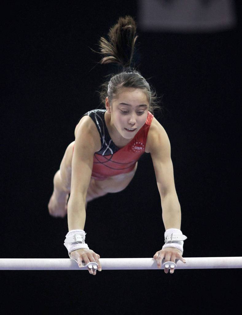 Katelyn Ohashi of USA gymnastics practices on the uneven bars March 12, 2012, during a practice session for the Kelloggs Pacific Rim Gymnastics Championships at Xfinity Arena in Everett. (Michael OLeary/The Herald)