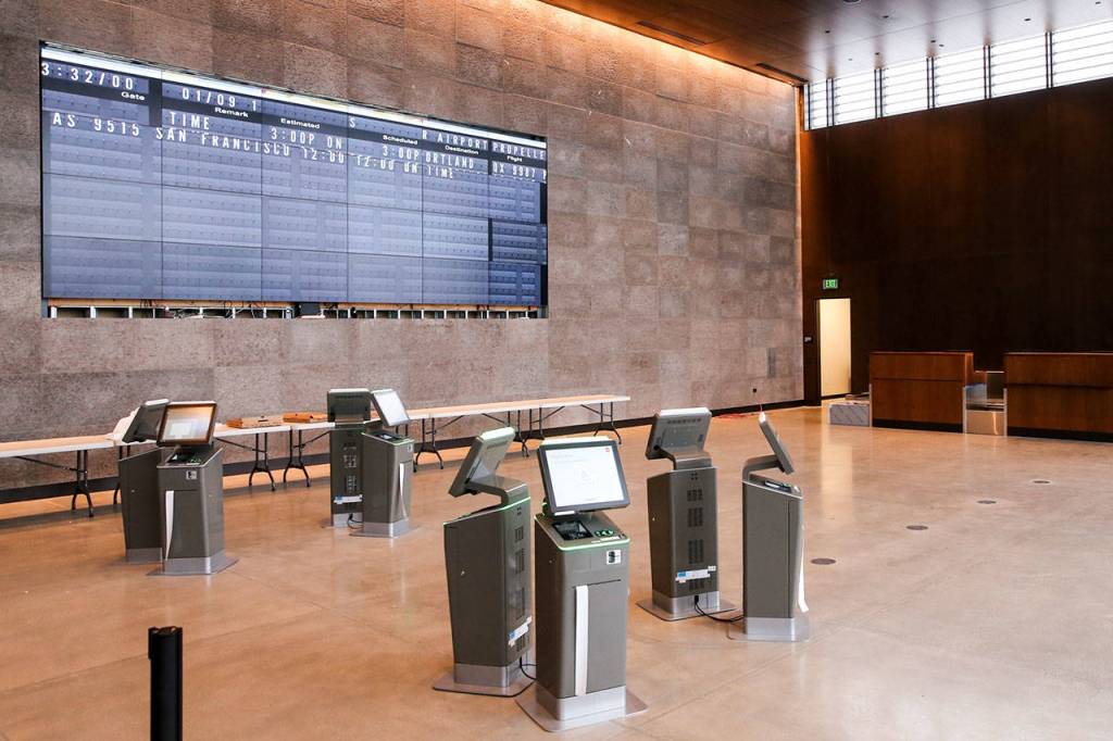 The ticketing lobby inside the new passenger terminal at Paine Field in Everett. (Kevin Clark / The Herald)
