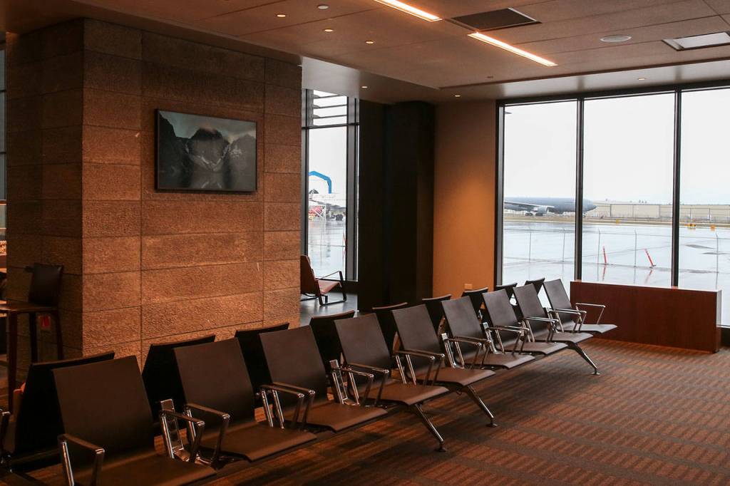 The waiting area inside the new passenger terminal at Paine Field in Everett. (Kevin Clark / The Herald)