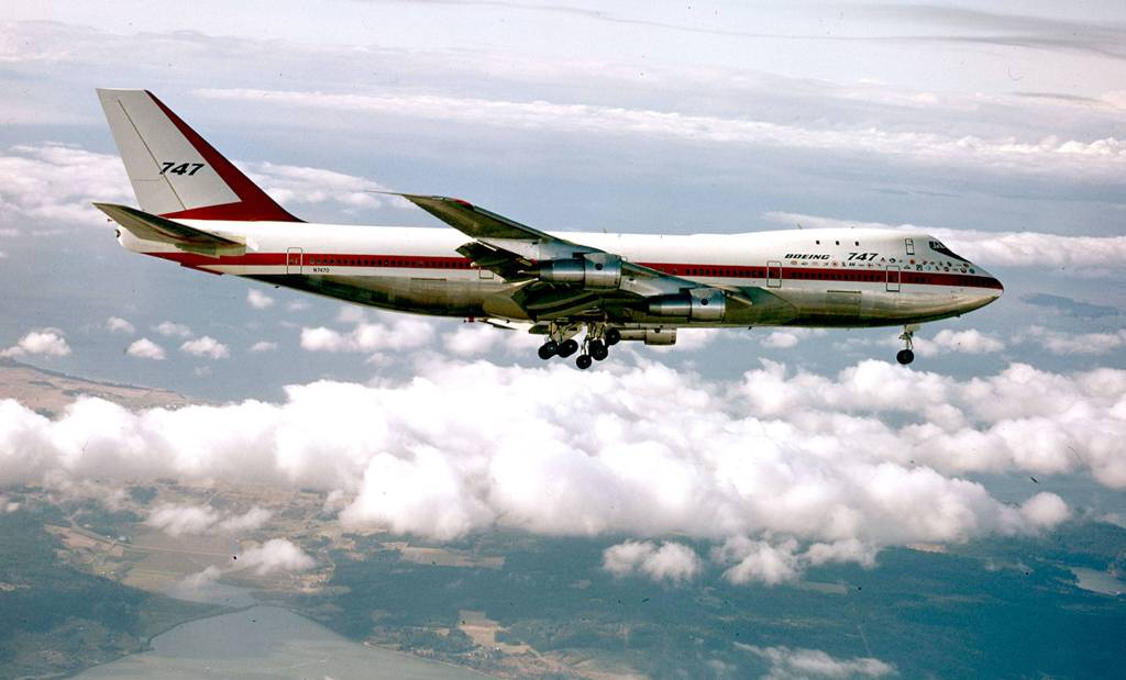 The first Boeing 747 during its first flight on Feb. 9, 1969. (Boeing Co.)