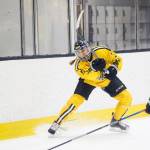 Bostons Lexi Bender clears the puck during a National Womens Hockey League game against Buffalo on Nov. 17, 2018, in Boston. (Photo by Michelle Jay)