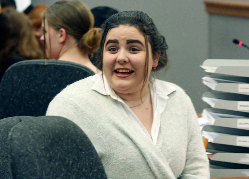 Jaida Frees reacts to the sarcasm-filled testimony of the medical examiner. (Zachariah Bryan / The Herald)