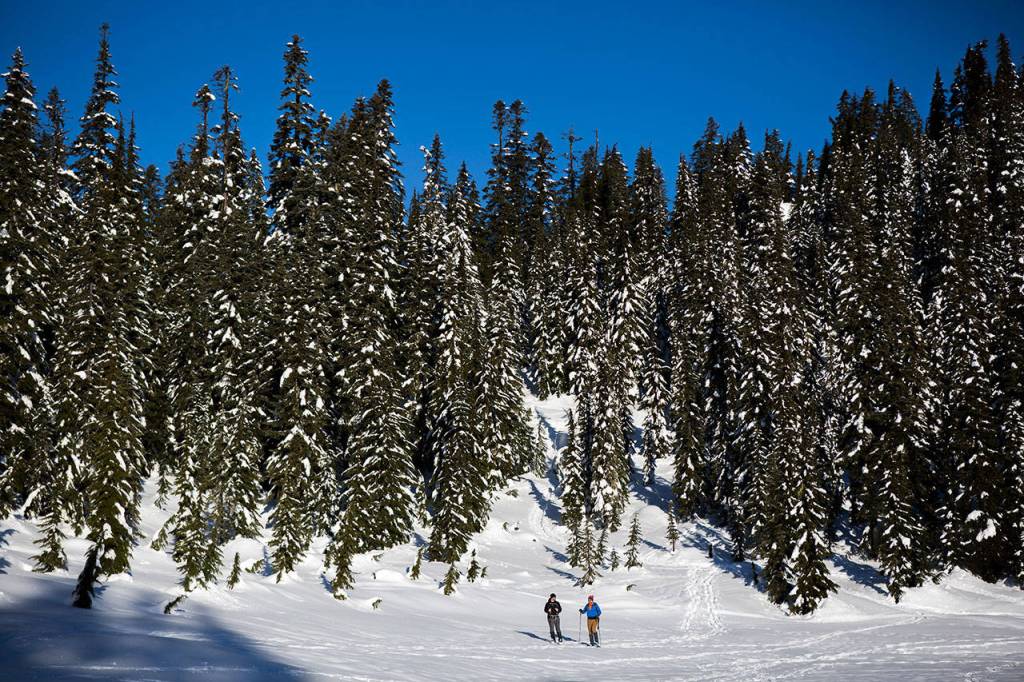 Two snowshoers make their way across Skyline Lake on Saturday, Jan. 26, 2019 in Leavenworth, Wa. (Olivia Vanni / The Herald)