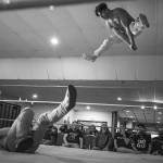 Judas Icarus of The Strays lands on Cool Dad Chris Ross in a wrestling match by Everett promoter Without A Cause held once a month on Sunday at Normanna Lodge. (Vitz Photos)