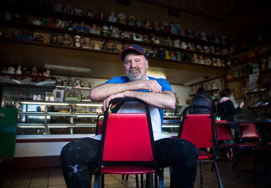 Ken Bellingham, owner of the Edmonds Bakery, ground zero of the <a href="https://www.heraldnet.com/news/build-that-wall-cookie-sparks-outrage-and-spikes-sales/" target="_blank">Build that Wall cookie controversy</a>, is seen Jan. 29 in Edmonds. (Olivia Vanni / The Herald)