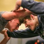 Kolby Petraborg (left) and Hayden Long wrestle at Granite Falls High on Jan. 31. (Kevin Clark / The Herald)
