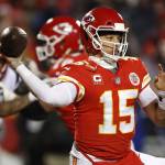 Chiefs quarterback Patrick Mahomes (15) throws a pass during the AFC championship game against the Patriots on Jan. 20, 2019, in Kansas City, Mo. (AP Photo/Charlie Neibergall)