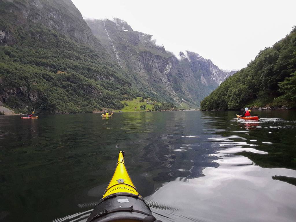 With three other kayakers, Dave Ellington paddles heads NE toward Dyrdal, Norway. This area of Norway is a UNESCO World Heritage designated region. (Dave Ellingson)